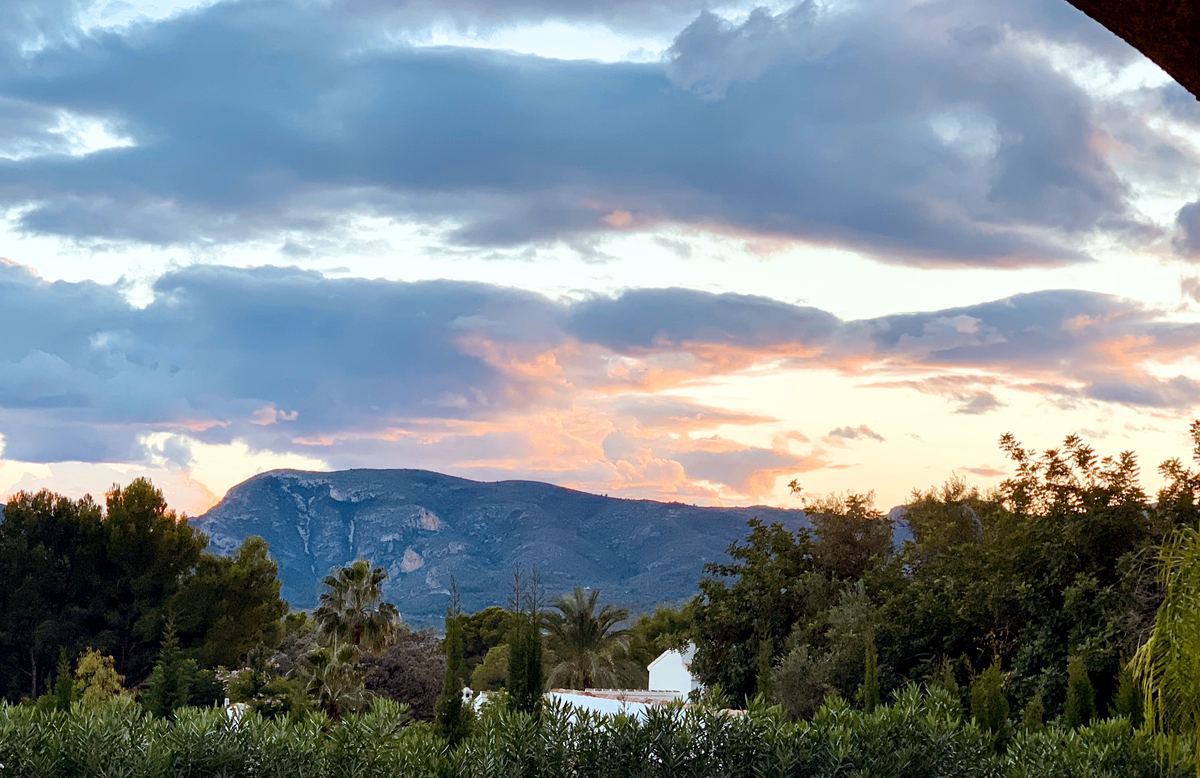 Villas and gardens under Montgó as evening settles over Jávea