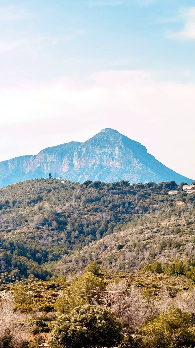 The bare limestone peak of Montgó rising above the pine slopes